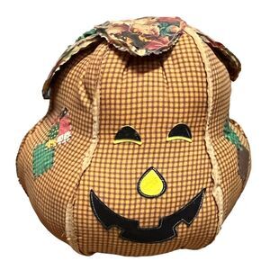 Folk Art Fabric Jack’O Lantern Stuffed Pumpkin Decor Pillow Gingham Country Chic